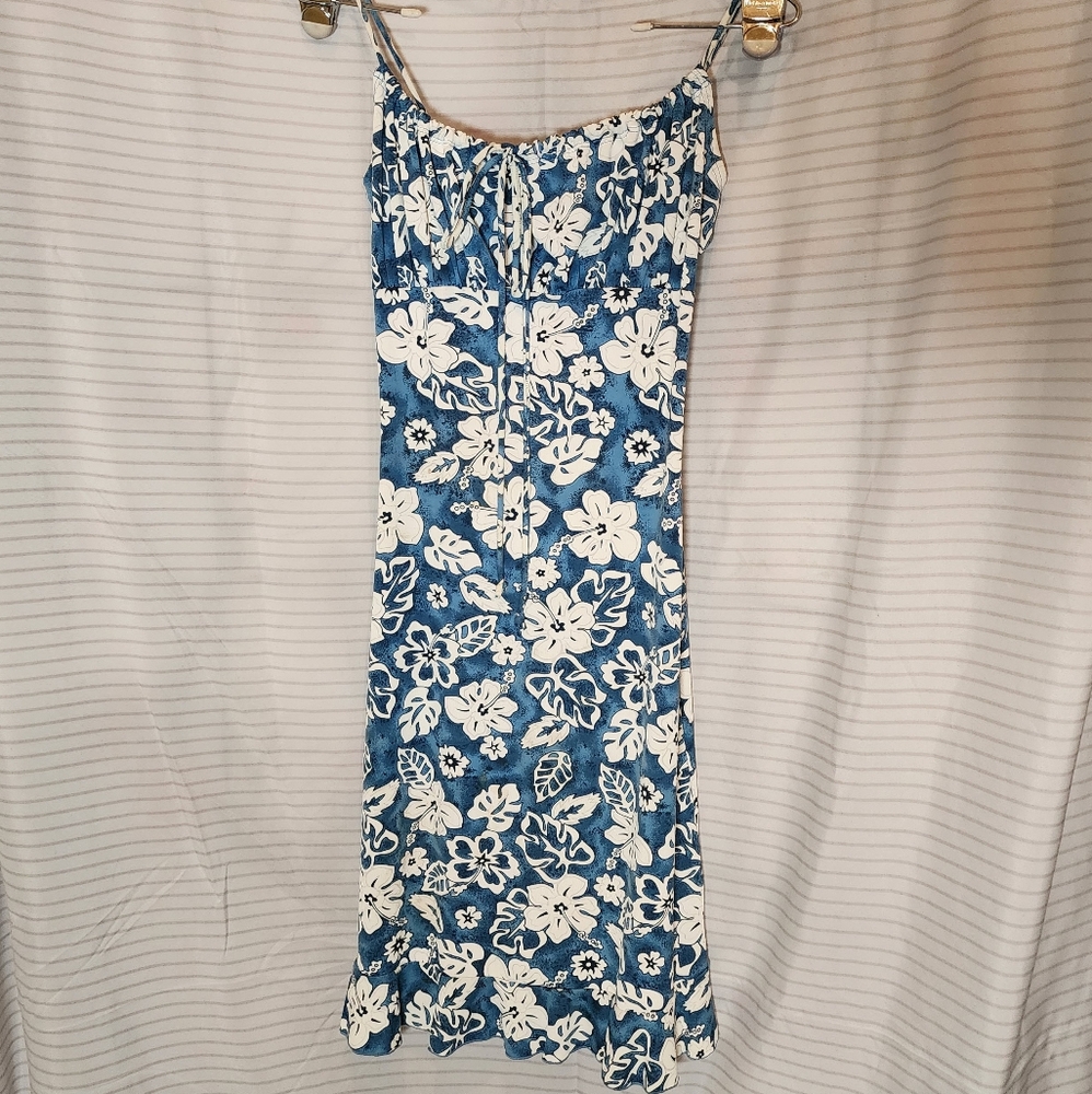 Blue and White Floral Mini Dress With Stretch